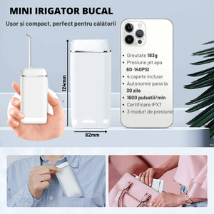 Mini irigator oral portabil pentru dus bucal LUVLU™, 1600 pulsatii/min, 140 psi, 3 moduri, 140ml, autonomie 30 zile