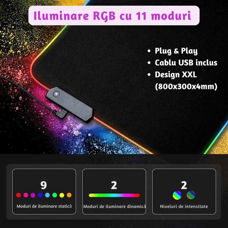 PC, gaming si accesorii - Periferice PC - Mousepad - MousePad XXL gaming cu iluminare RGB LUVLU™, 11 moduri, suprafata rezistenta la stropire, anti-alunecare, 800x300x4mm - Infinity.ro
