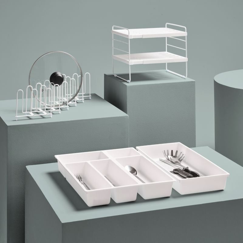 Casa si Gradina - Mobilier - Organizare si depozitare - Recipiente depozitare - Organizator extensibil Delinia – Etajera metalica 2 niveluri, 25.5–42 cm, ideala pentru bucatarie si baie - Infinity.ro