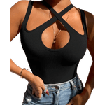 Fashion, accesorii si bijuterii - Femei - Imbracaminte femei - Tricouri si topuri femei - Tricou dama negru, cu bretele incrucisate si decupaj frontal – material ribbed, stil modern si sexy 2XL-3XL - Infinity.ro