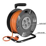 Casa si Gradina - Electrice - Accesorii electrice - Prelungitoare, triple, fise - Prelungitor cu tambur, cadru metalic, 4 prize tip E x 230V, IP20, cordon cablu 1, 5mm, lungime 35 m, max 3000w/16A - Infinity.ro