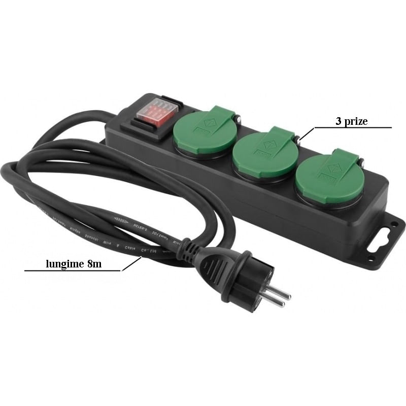 Casa si Gradina - Electrice - Accesorii electrice - Prelungitoare, triple, fise - Prelungitor de exterior cu intrerupator si 3 prize, lungime 8 m, max 3680 W/16 A - Infinity.ro
