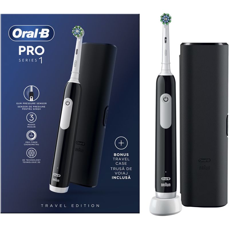 Ingrijire personala si Cosmetice - Igiena dentara - Periute de dinti electrice - Periuta de dinti electrica Oral-B Pro 1, Curatare 3D, 3 programe, 1 capat de periaj, trusa de calatorie, Negru - Infinity.ro