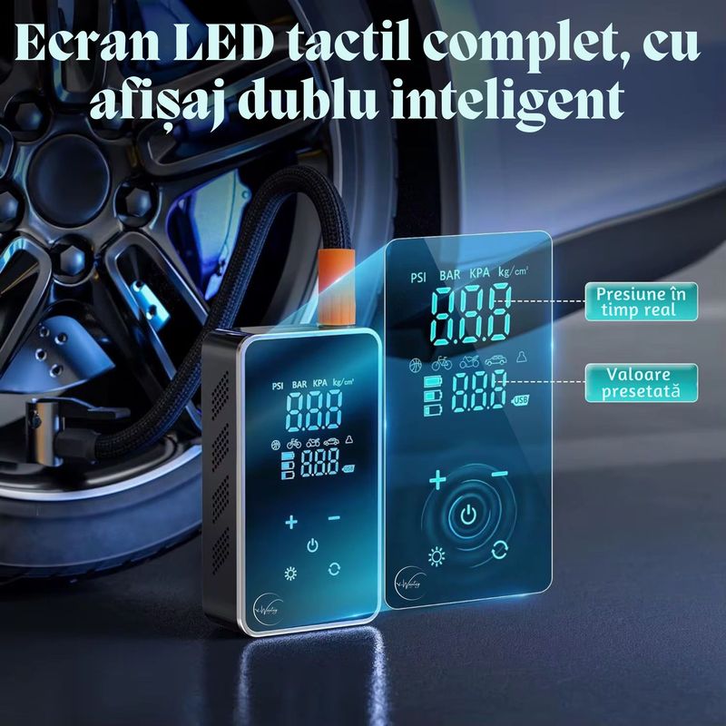 Auto si Moto - Reparatii si depanare - Compresoare auto - Compresor Auto 6in1 Fara Fir, 150PSI, Baterie 18000mAh, Power Bank, Ecran Tactil, Lanterna 3 Moduri - Infinity.ro