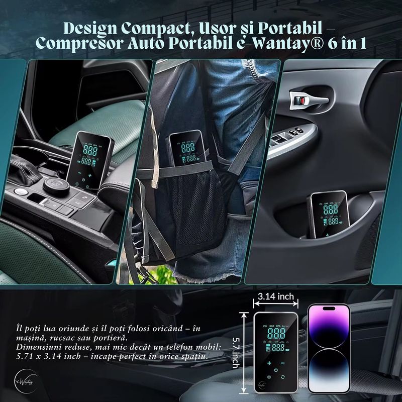 Auto si Moto - Reparatii si depanare - Compresoare auto - Compresor Auto 6in1 Fara Fir, 150PSI, Baterie 18000mAh, Power Bank, Ecran Tactil, Lanterna 3 Moduri - Infinity.ro