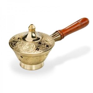 Catuie tamaie, arzator din alama cu maner de lemn si capac, 17 cm