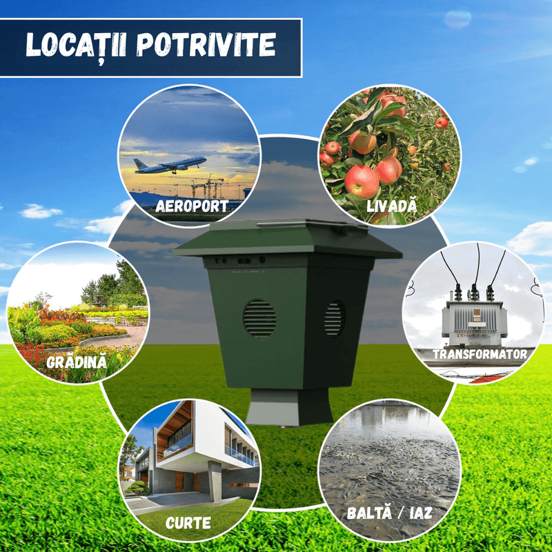 Casa si Gradina - Gradinarit si plante - Intretinere gradina - Articole daunatori gradina - Dispozitiv Anti-Pasari BIRAI® Solar, 4 Difuzoare, Ultrasunete, IP65, 1600m², Curti si Gradini - Infinity.ro