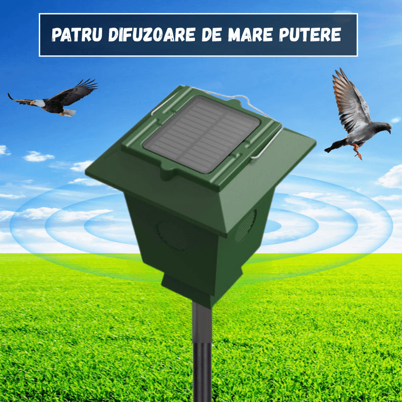 Casa si Gradina - Gradinarit si plante - Intretinere gradina - Articole daunatori gradina - Dispozitiv Anti-Pasari BIRAI® Solar, 4 Difuzoare, Ultrasunete, IP65, 1600m², Curti si Gradini - Infinity.ro