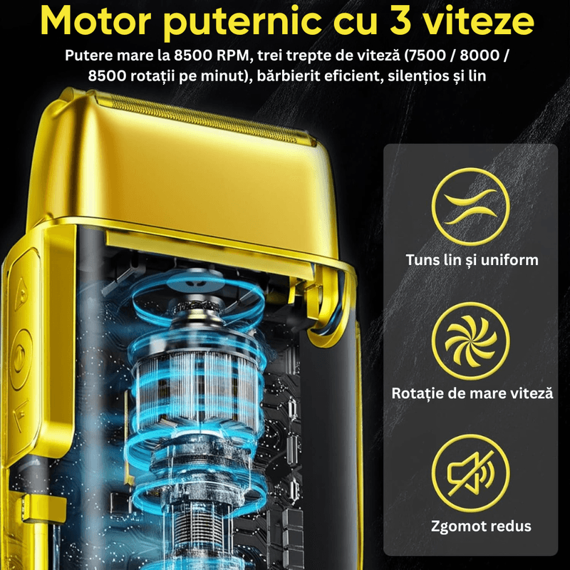 Ingrijire personala si Cosmetice - Aparate & accesorii ingrijire personala - Aparate de ras si tuns - Aparate de ras electrice - Aparat Ras Electric 4D BIRAI® AlphaX, 8500 RPM, 3 Viteze, USB, Waterproof, LCD, Lame Duble, Umed/Uscat, Auriu - Infinity.ro