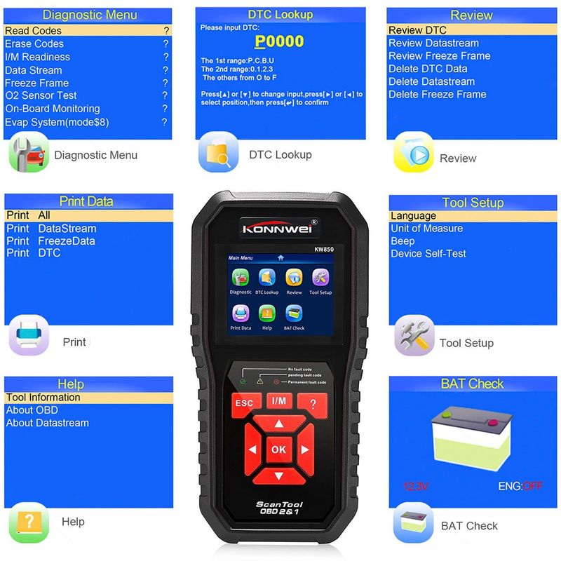 Auto si Moto - Reparatii si depanare - Sisteme de diagnoza - Tester diagnoza auto OBD2 Konnwei KW850, citire/stergere erori, test EVAP, senzor O2, baterie, - Infinity.ro