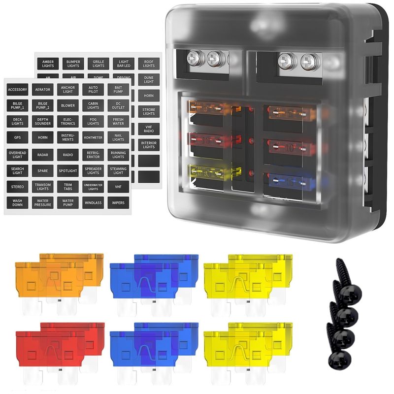 Auto si Moto - Reparatii si depanare - Scule auto - Scule si truse auto - Panou sigurante auto cu 6 circuite, 12V/24V, cu bara negativa, capac protectie, etichete si - Infinity.ro