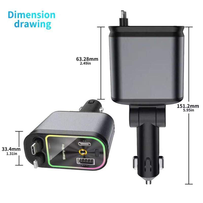 Auto si Moto - Electronice auto - Accesorii electronice auto - Incarcator Auto 4 in 1 pentru Bricheta cu Cabluri Retractabile Type-C iPhone USB-A/USB-C Proiectie LED Fast Charge - Infinity.ro