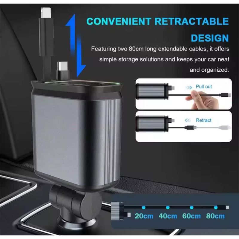 Auto si Moto - Electronice auto - Accesorii electronice auto - Incarcator Auto 4 in 1 pentru Bricheta cu Cabluri Retractabile Type-C iPhone USB-A/USB-C Proiectie LED Fast Charge - Infinity.ro