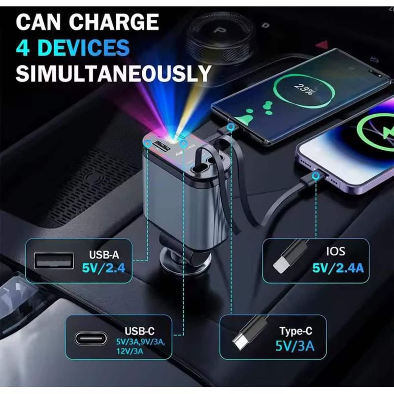 Auto si Moto - Electronice auto - Accesorii electronice auto - Incarcator Auto 4 in 1 pentru Bricheta cu Cabluri Retractabile Type-C iPhone USB-A/USB-C Proiectie LED Fast Charge - Infinity.ro