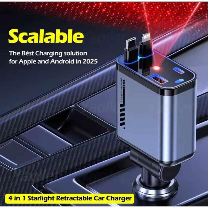 Auto si Moto - Electronice auto - Accesorii electronice auto - Incarcator Auto 4 in 1 pentru Bricheta cu Cabluri Retractabile Type-C iPhone USB-A/USB-C Proiectie LED Fast Charge - Infinity.ro
