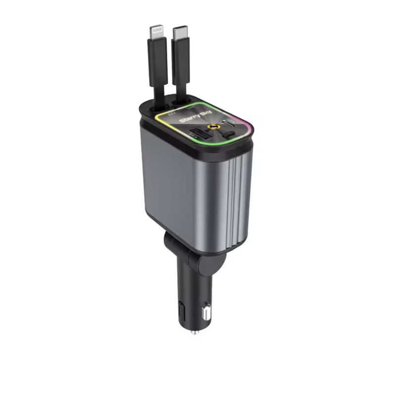 Auto si Moto - Electronice auto - Accesorii electronice auto - Incarcator Auto 4 in 1 pentru Bricheta cu Cabluri Retractabile Type-C iPhone USB-A/USB-C Proiectie LED Fast Charge - Infinity.ro