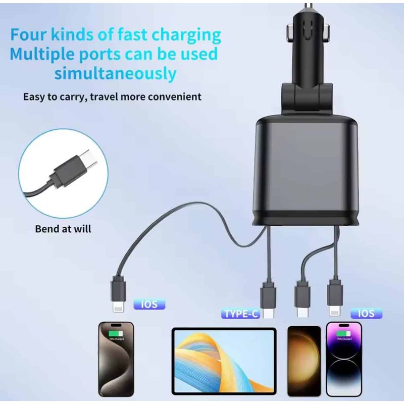 Auto si Moto - Electronice auto - Accesorii electronice auto - Incarcator Auto 4 in 1 pentru Bricheta cu Cabluri Retractabile Type-C iPhone USB-A/USB-C Proiectie LED Fast Charge - Infinity.ro