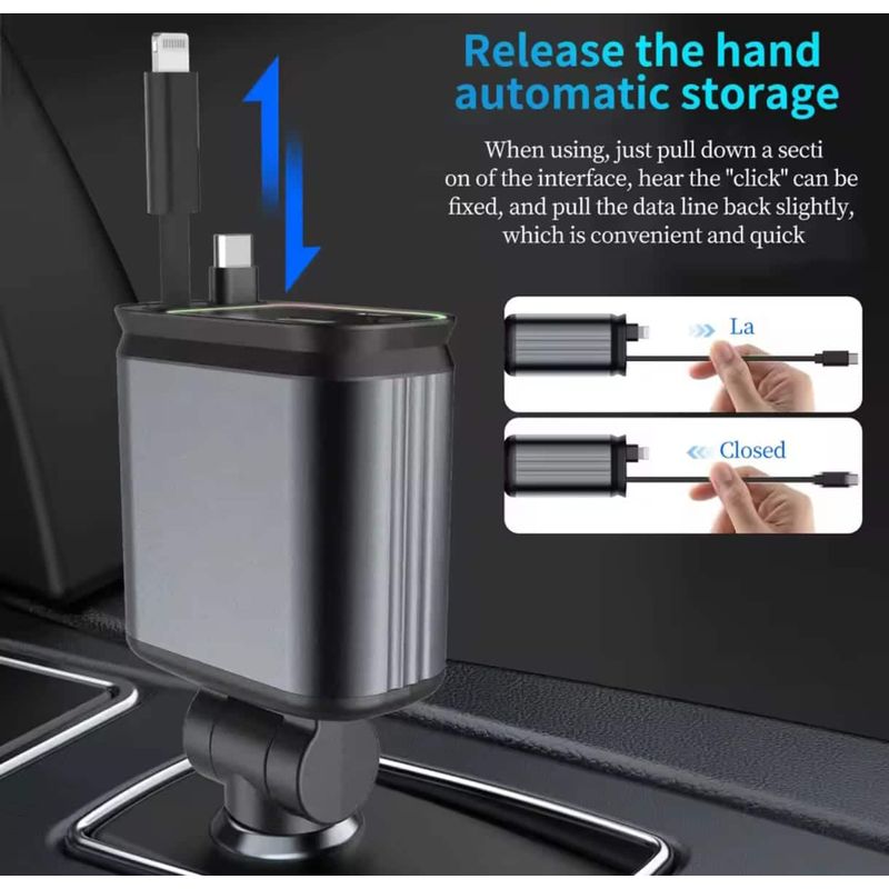 Auto si Moto - Electronice auto - Accesorii electronice auto - Incarcator Auto 4 in 1 pentru Bricheta cu Cabluri Retractabile Type-C iPhone USB-A/USB-C Proiectie LED Fast Charge - Infinity.ro