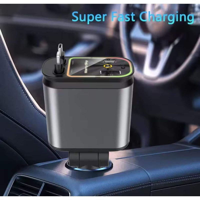 Auto si Moto - Electronice auto - Accesorii electronice auto - Incarcator Auto 4 in 1 pentru Bricheta cu Cabluri Retractabile Type-C iPhone USB-A/USB-C Proiectie LED Fast Charge - Infinity.ro