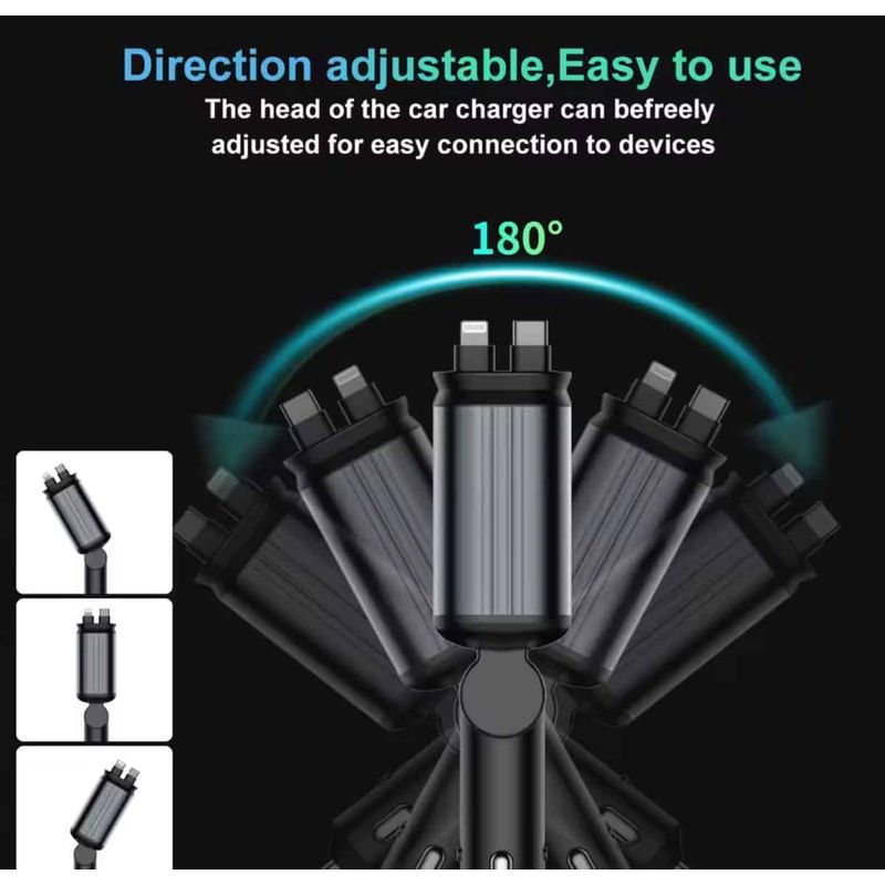 Auto si Moto - Electronice auto - Accesorii electronice auto - Incarcator Auto 4 in 1 pentru Bricheta cu Cabluri Retractabile Type-C iPhone USB-A/USB-C Proiectie LED Fast Charge - Infinity.ro