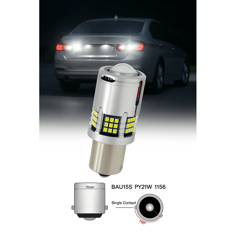 Auto si Moto - Electrice auto - Iluminare si semnalizare - Becuri auto - Bec LED PY21W BAU15S 1156 6000K Alb Pur cu Lupa, 30W 2600LM Canbus Pentru Marsarier DRL si Stopuri - Infinity.ro