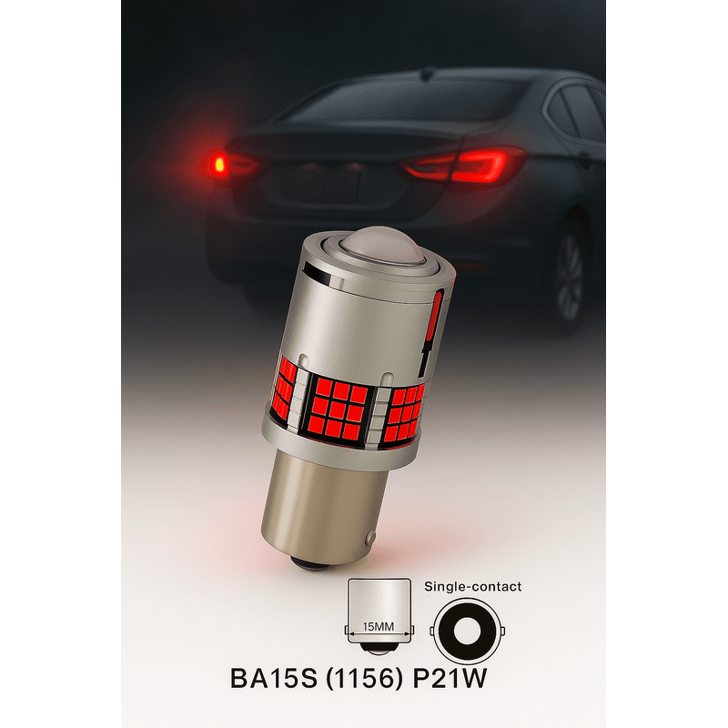 Auto si Moto - Electrice auto - Iluminare si semnalizare - Becuri auto - Bec LED Auto P21W BA15S 1156 cu Lupa si 60 LED-uri Culoare Rosu pentru Pozitie spate sau Frana CANBUS 12V Putere 30W - Infinity.ro
