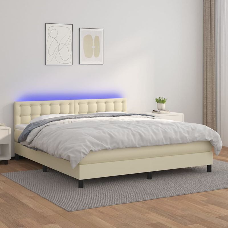 Casa si Gradina - Mobilier - Paturi si accesorii - Paturi - Pat cu arcuri, saltea si LED, crem, 160x200 cm, piele ecologica - Infinity.ro
