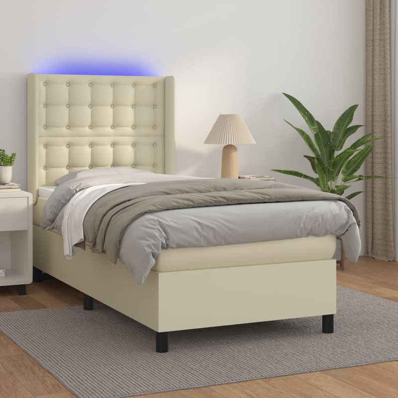 Casa si Gradina - Mobilier - Paturi si accesorii - Paturi - Pat cu arcuri, saltea si LED, crem, 90x190 cm, piele ecologica - Infinity.ro