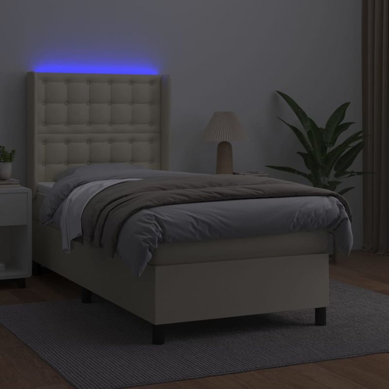 Casa si Gradina - Mobilier - Paturi si accesorii - Paturi - Pat cu arcuri, saltea si LED, crem, 90x190 cm, piele ecologica - Infinity.ro