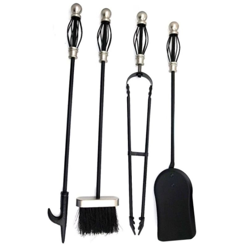 Casa si Gradina - Termice - Sobe, Seminee si accesorii - Accesorii seminee si sobe - Set stativ metalic cu 4 unelte pentru semineu, maner placat cu nichel, inaltime 66 cm - Infinity.ro