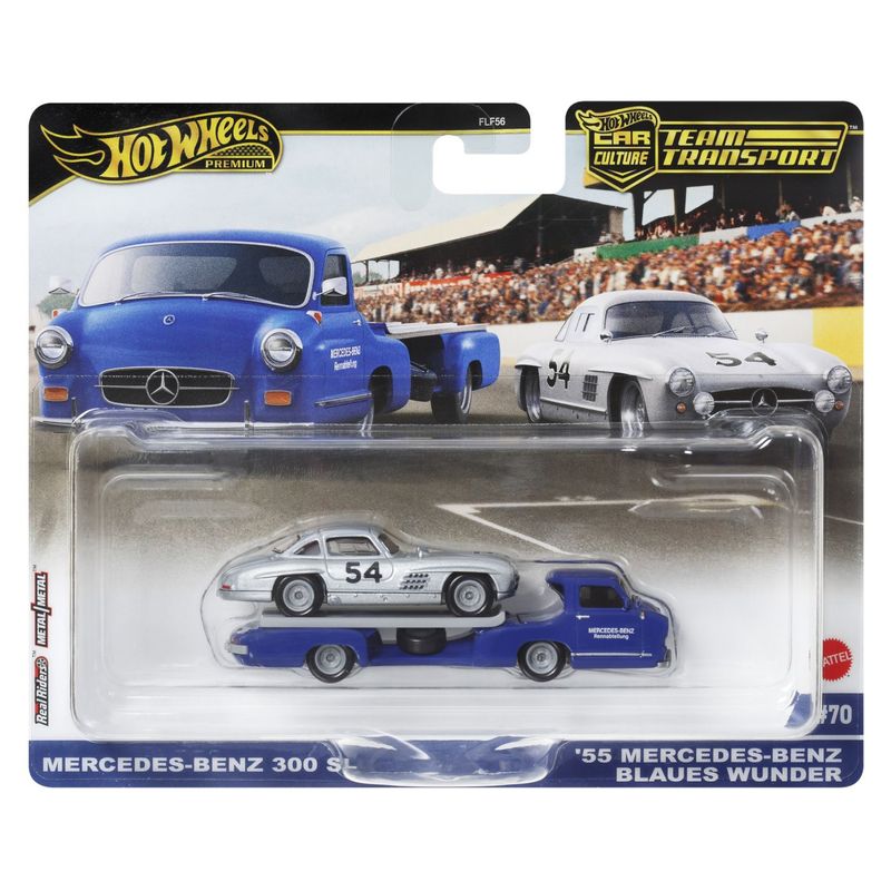 Jucarii, Copii si Bebe - Jucarii si jocuri - Vehicule si jucarii cu telecomanda - Masinute - Hot wheels transportator  mercedes-benz 55 blaues wunder cu masinuta mercedes-benz 300 sl scara 1:64 - Infinity.ro