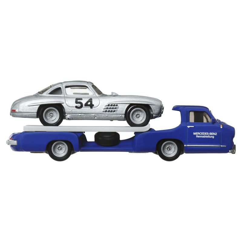 Jucarii, Copii si Bebe - Jucarii si jocuri - Vehicule si jucarii cu telecomanda - Masinute - Hot wheels transportator  mercedes-benz 55 blaues wunder cu masinuta mercedes-benz 300 sl scara 1:64 - Infinity.ro