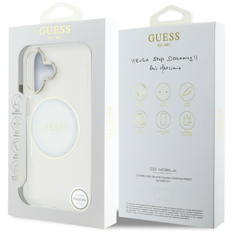 Laptop, Telefoane si Tablete - Telefoane mobile si accesorii - Accesorii Telefoane - Huse telefoane - Husa pentru iPhone 16 - Guess IML Metal ColoRosu Circle MagSafe (GUHMP16SHTDRCEDH) - Alb - Infinity.ro