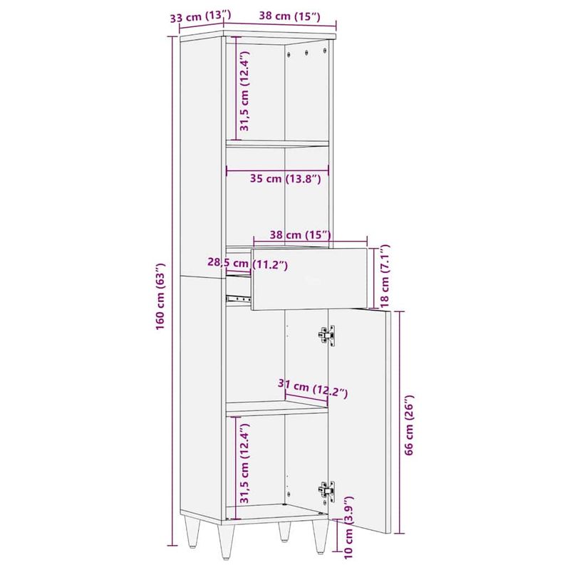 Casa si Gradina - Mobilier - Mobilier baie - Comode baie - Dulap de Baie cu sertar cu usa Maro deschis 38 x 33.5 x 160 cm - Infinity.ro