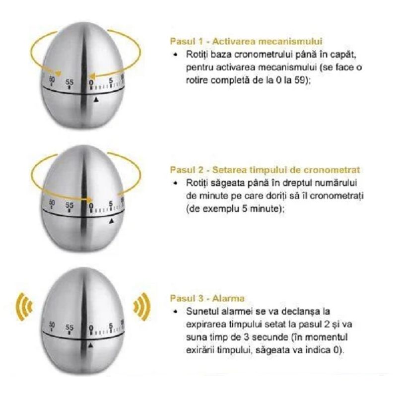 Casa si Gradina - Bucatarie si vesela - Ustensile bucatarie - Ustensile de masurat de bucatarie - Temporizator mecanic tip cronometru inox pentru bucatarie, inaltime 7.5 cm, forma ou - Infinity.ro
