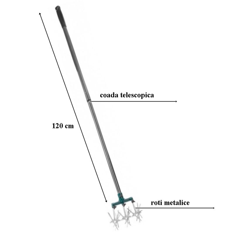 Casa si Gradina - Gradinarit si plante - Utilaje gradina - Scarificatoare, aeratoare, cultivatoare - Cultivator manual, coada telescopica din metal 120 cm, 6 roti stelate - Infinity.ro