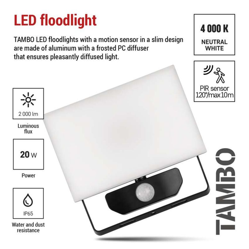 Casa si Gradina - Corpuri si surse de iluminat - Iluminat comercial si industrial - Proiectoare si lampi de lucru - Proiector led Tambo 20W 2000lm 4000K IP65 cu senzor de miscare - Infinity.ro