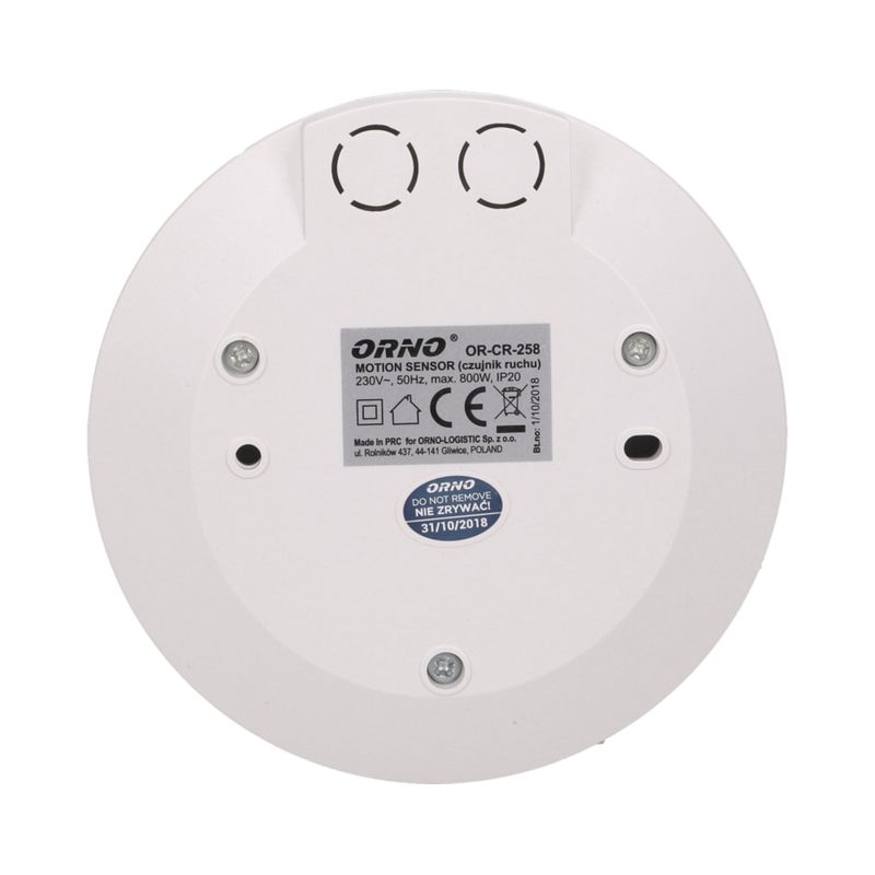 Casa si Gradina - Electrice - Smart Home - Centrale si module smart home - Senzor de miscare ORNO OR-CR-258, ultra plat, 800W, 360°, IP20, alb - Infinity.ro