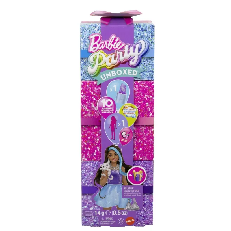 Jucarii, Copii si Bebe - Jucarii si jocuri - Papusi si accesorii - Papusi - Barbie Set Party Unboxed Reveal Papusa Barbie Violet Cu 10 Accesorii Surpriza - Infinity.ro