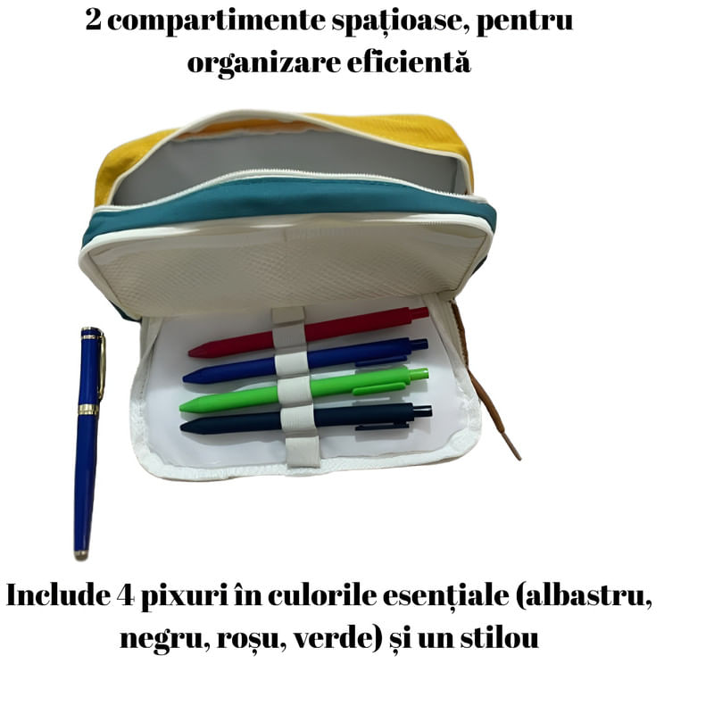 Carti si Birotica - Rechizite - Penare - Penar echipat pentru școală, fete/baieti, poliester, cu 4 pixuri și stilou, 2 compartimente, accesorii detașabile - Infinity.ro