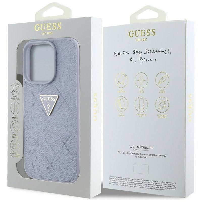 Laptop, Telefoane si Tablete - Telefoane mobile si accesorii - Accesorii Telefoane - Huse telefoane - Husa pentru iPhone 16 Pro Max - Guess Leather Hot Stamp 4G Pattern Triangle Metal Logo (GUHCP16XPGP4STRU) - Light Purple - Infinity.ro