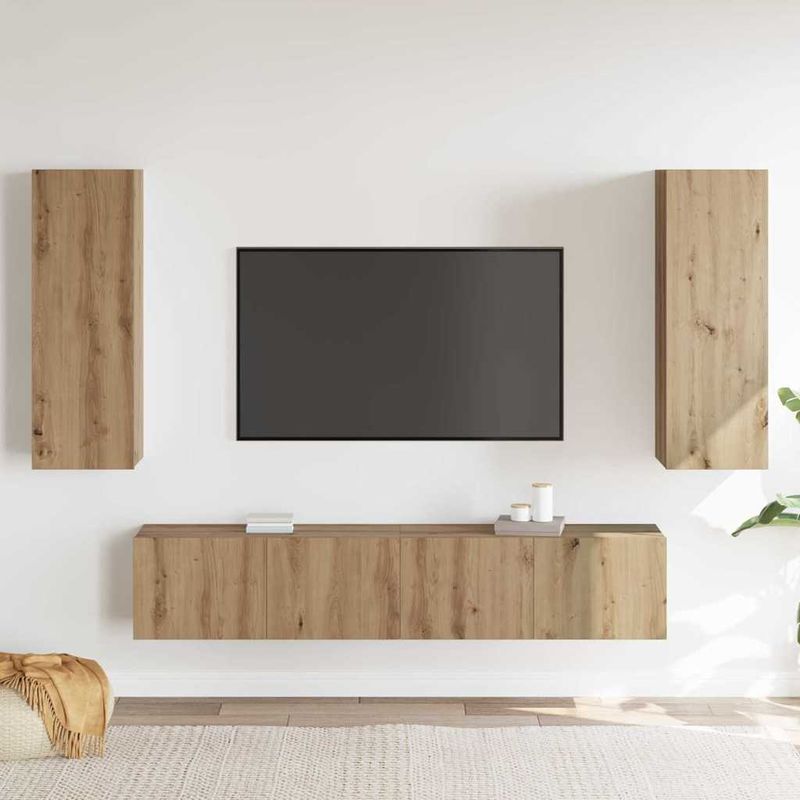 Casa si Gradina - Mobilier - Seturi de mobilier - Seturi living - Set de 4 piese pentru TV - montat pe perete, lemn de stejar artizanal, lemn tratat. - Infinity.ro