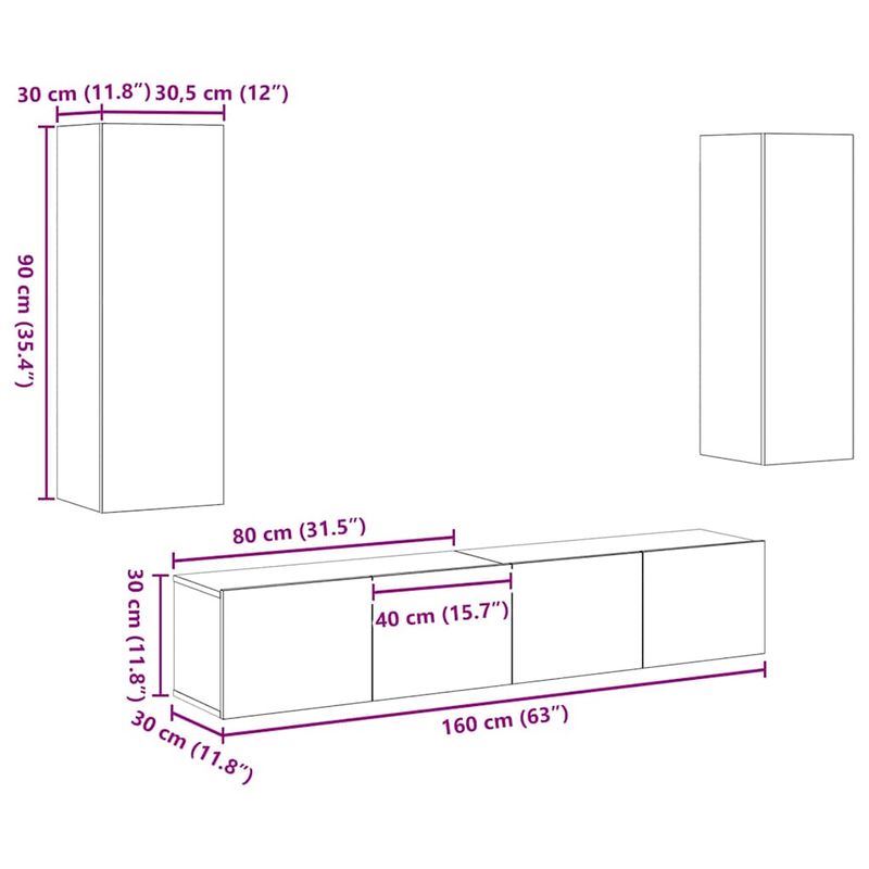 Casa si Gradina - Mobilier - Seturi de mobilier - Seturi living - Set de 4 piese pentru TV - montat pe perete, lemn de stejar artizanal, lemn tratat. - Infinity.ro