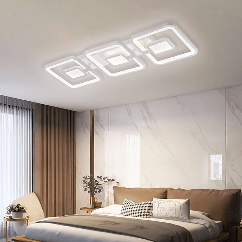 Casa si Gradina - Corpuri si surse de iluminat - Lustre si pendule - Lustra LED cu telecomanda FELIX, 75W, 3 Patrate, lumina Rece/Calda/Neutra, Dimabila, Alb - Infinity.ro