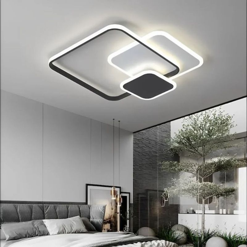 Casa si Gradina - Corpuri si surse de iluminat - Lustre si pendule - Lustra LED cu telecomanda ANEMONA, 75W, 3 Patrate, lumina Rece/Calda/Neutra, Dimabila, Negru - Infinity.ro