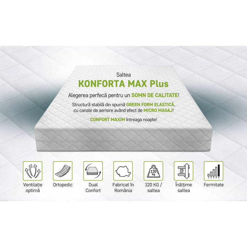 Casa si Gradina - Mobilier - Saltele si somiere - Saltele - Saltea Green Future KONFORTA Max Plus 25 cm, Ferma, 140x200x25cm, Spuma poliuretanica elastica, Reversibila - Infinity.ro