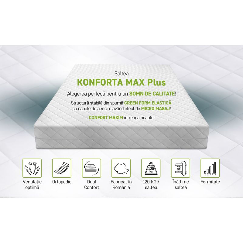 Casa si Gradina - Mobilier - Saltele si somiere - Saltele - Saltea Green Future KONFORTA Max Plus 25 cm, Ferma, 160x200x25cm, Spuma poliuretanica elastica, Reversibila - Infinity.ro