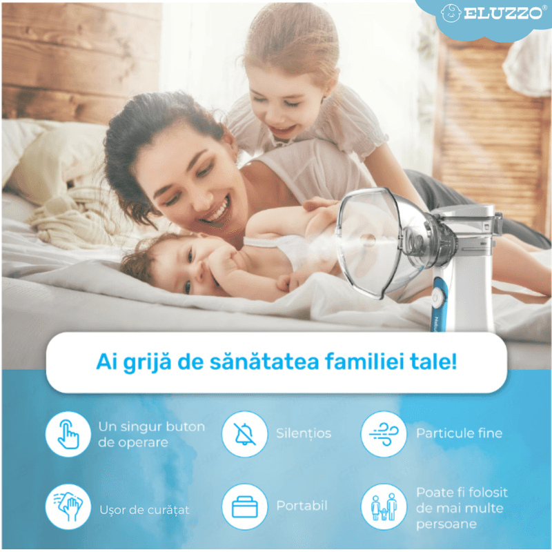 Jucarii, Copii si Bebe - Igiena si ingrijire - Accesorii ingrijire copii - Aparate aerosoli copii - Aparat Aerosoli ELUZZO®, Nebulizator Portabil Ultrasonic, Tehnologie Mesh, 0.4ml/min, Silentios, Alb - Infinity.ro