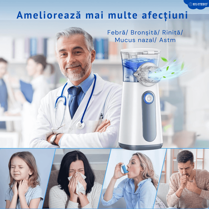Jucarii, Copii si Bebe - Igiena si ingrijire - Accesorii ingrijire copii - Aparate aerosoli copii - Aparat Aerosoli ELUZZO®, Nebulizator Portabil Ultrasonic, Tehnologie Mesh, 0.4ml/min, Silentios, Alb - Infinity.ro