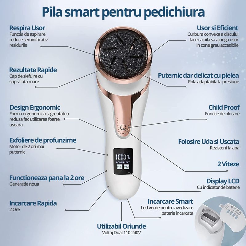 Ingrijire personala si Cosmetice - Manichiura si pedichiura - Pile cosmetice - Pila Electrica pentru Talpi si Calcaie, Bataturi, Piele Moarta, LittleDomi, Dispaly Digital LED, Reincarcabil, Afisare - Infinity.ro